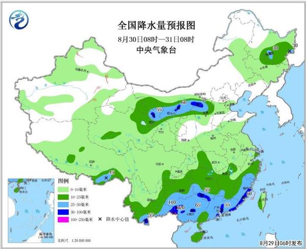 图3 全国降水量预报图(8月30日08时-31日08时)