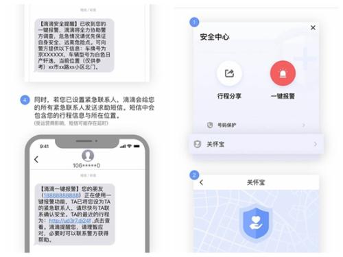 滴滴出行APP“一键报警”及相关短信展示。截图