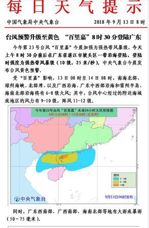 台风百里嘉登陆广东湛江 气象台发台风黄色预警 