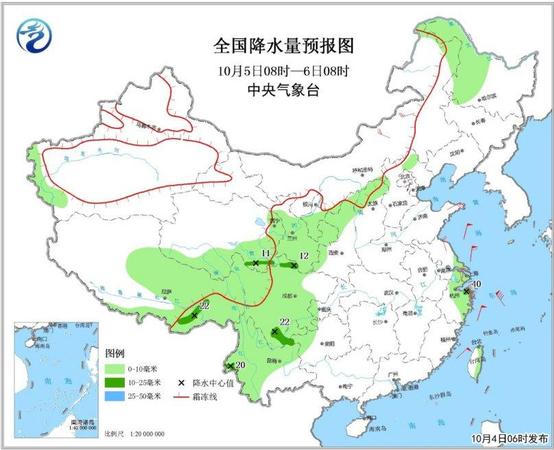 图3 全国降水量预报图（10月5日08时-6日08时）