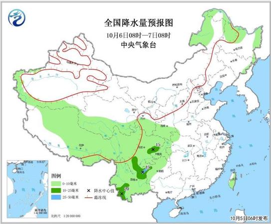 图3 全国降水量预报图(10月6日08时-7日08时)