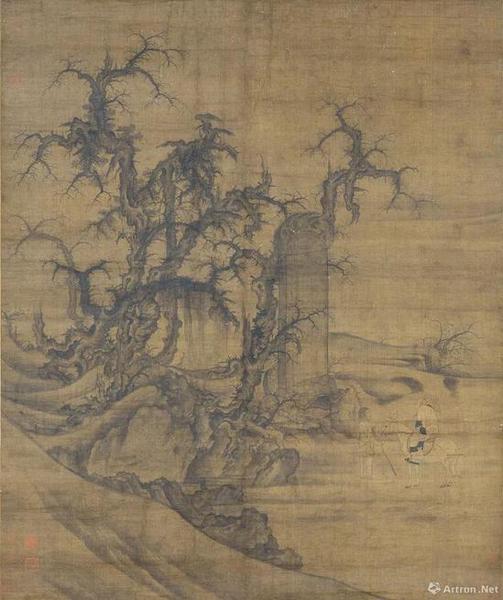 （传）宋李成·王晓，《读碑窠石图》轴，日本大阪市立美术馆藏