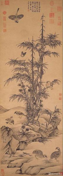 王渊，《竹雀图》轴，元，纸本水墨，139.3×49.9厘米，日本大阪市立美术馆藏