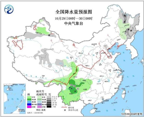 图2全国降水量预报图（10月29日08时-30日08时）