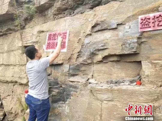 工作人员进行古生物化石宣传保护工作。