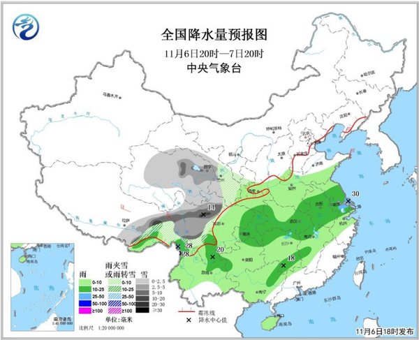 图1 全国降水量预报图（11月6日20时-7日20时）