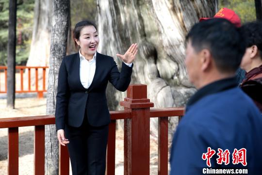 惠琼在黄帝陵景区讲解。　田进 摄