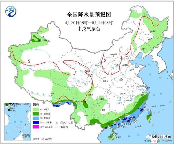 图3 全国降水量预报图(4月30日08时-5月1日08时)