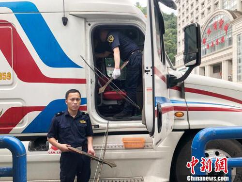 图为凭祥海关关员在浦寨越卡通道对入境的越南车辆进行登临检查时，查获两副管制器具手弩。海关供图