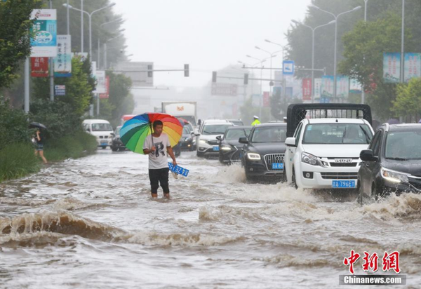 8月17日，在长春市双阳区，市民手持车牌在积水中艰难行走。长春市双阳区近几日连续遭遇强降雨，双阳河一处河段副堤出现决口。中新社发 钟欣 摄
