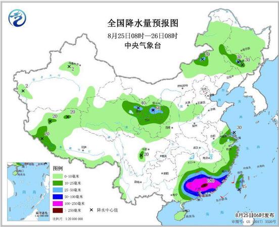 图3 全国降水量预报图(8月25日08时-26日08时)