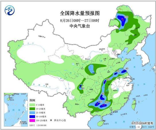图4 全国降水量预报图(8月26日08时-27日08时)