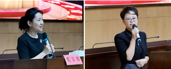 民盟中央妇女委员会委员、民盟北京市朝阳区委专职副主委陈巴黎（左）、总创意暨总导演金姝慧（右）与会发言。民朝 摄影