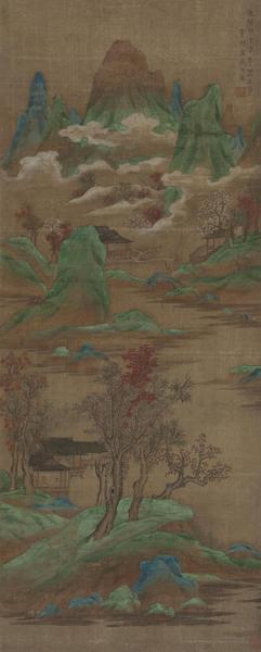 丁云鹏（款） 白云红树图 绢本 立轴 107×43 cm