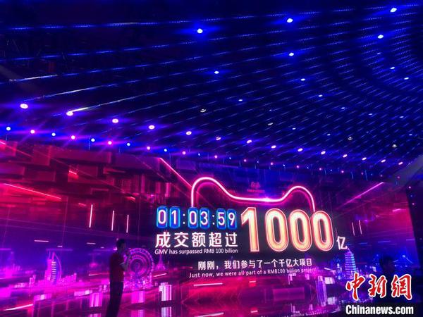 图为2019年11月11日凌晨1点03分59秒，2019天猫双11交易额突破1000亿元人民币。　赵小燕　摄