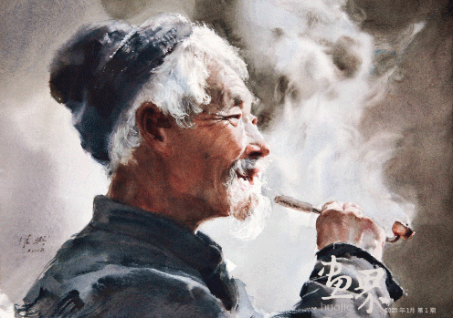 吸烟老汉（水彩）50x36cm-2008年-关维兴
