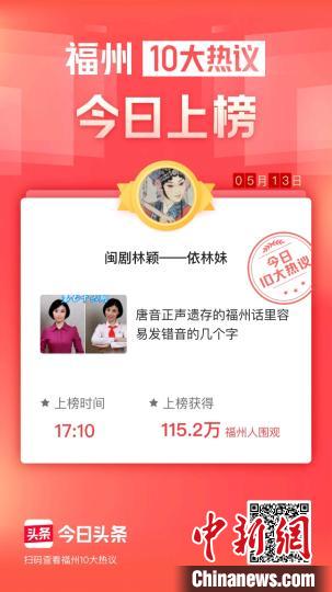 “非遗”闽剧传承人、一级演员林颖推出的抖音短视频已有三次登上头条“福州十大热议”榜。　陈小宁 摄