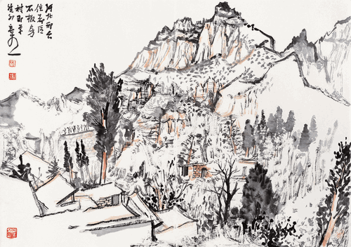 河北邢台信都区石板房村即景（国画）45×64cm-2023年-林容生