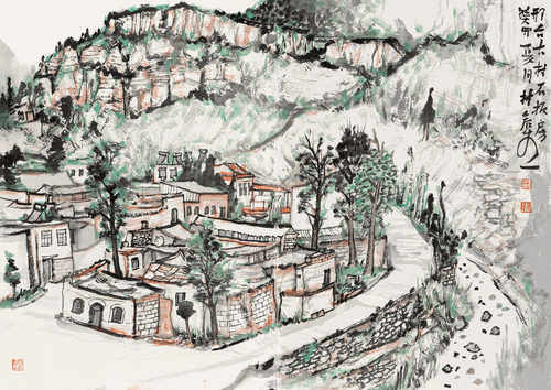 邢台古村石板房（国画）45×64cm-2023年-林容生