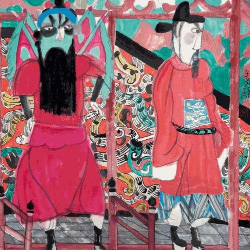 红衣戏人（国画）-张培成