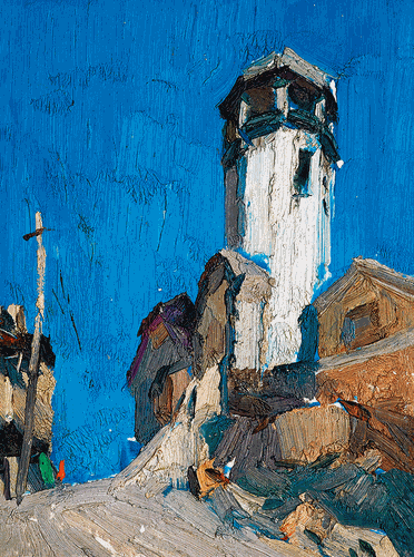 青岛望火楼（油画）31×23cm-1979年-谌北新