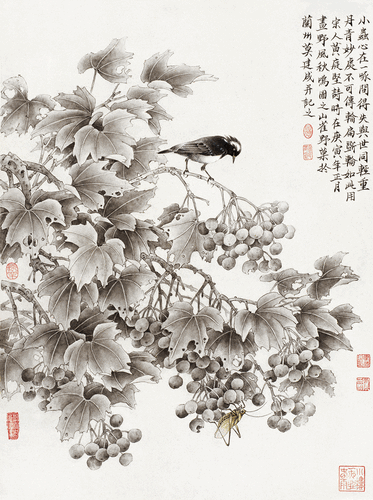 野风秋鸣图之山雀野果（国画）莫建成