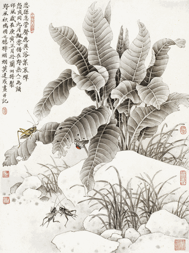野风秋鸣图之蟋蟀蝈蝈（国画）莫建成
